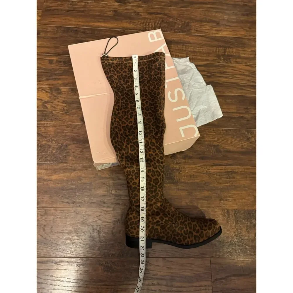 JF JustFab Boots Womens Reena Over the Knee Riding Leopard Brown Fabric Zip Sz:8